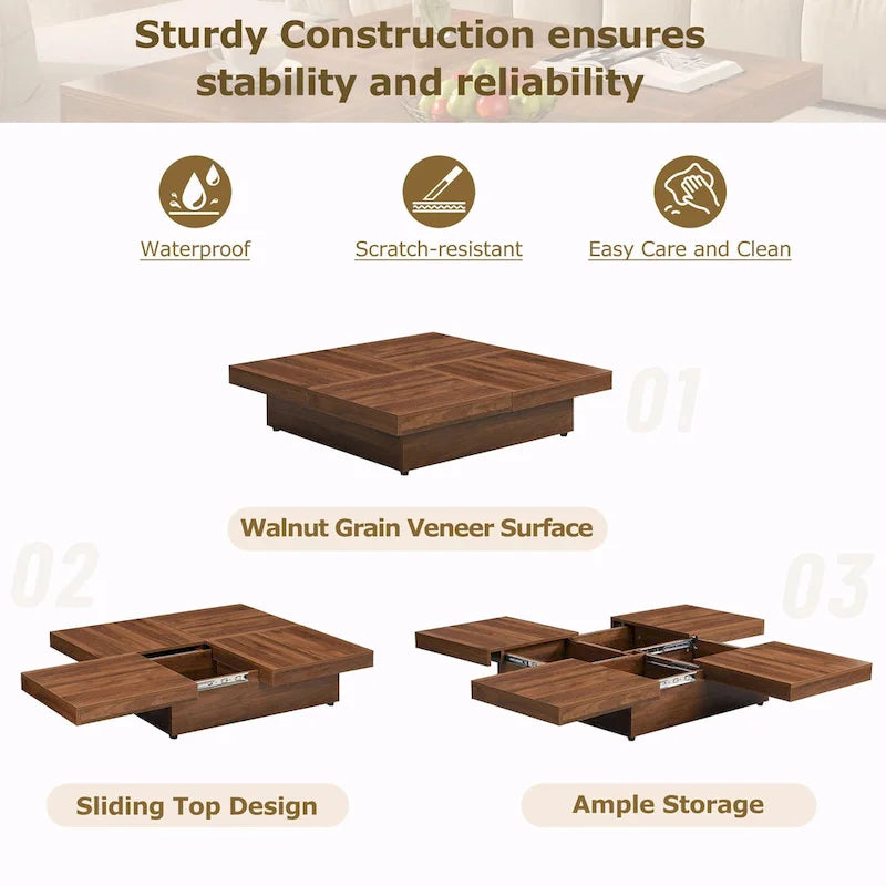 39.4 Square Marble Veneer Coffee Table with Sliding Top Storage