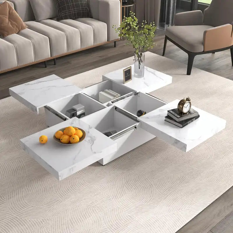 39.4 Square Marble Veneer Coffee Table with Sliding Top Storage
