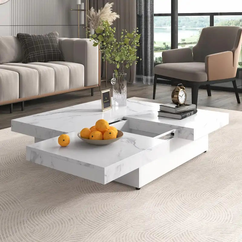 39.4 Square Marble Veneer Coffee Table with Sliding Top Storage