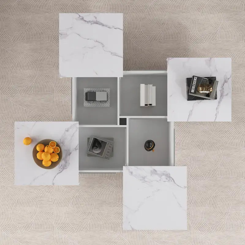39.4 Square Marble Veneer Coffee Table with Sliding Top Storage