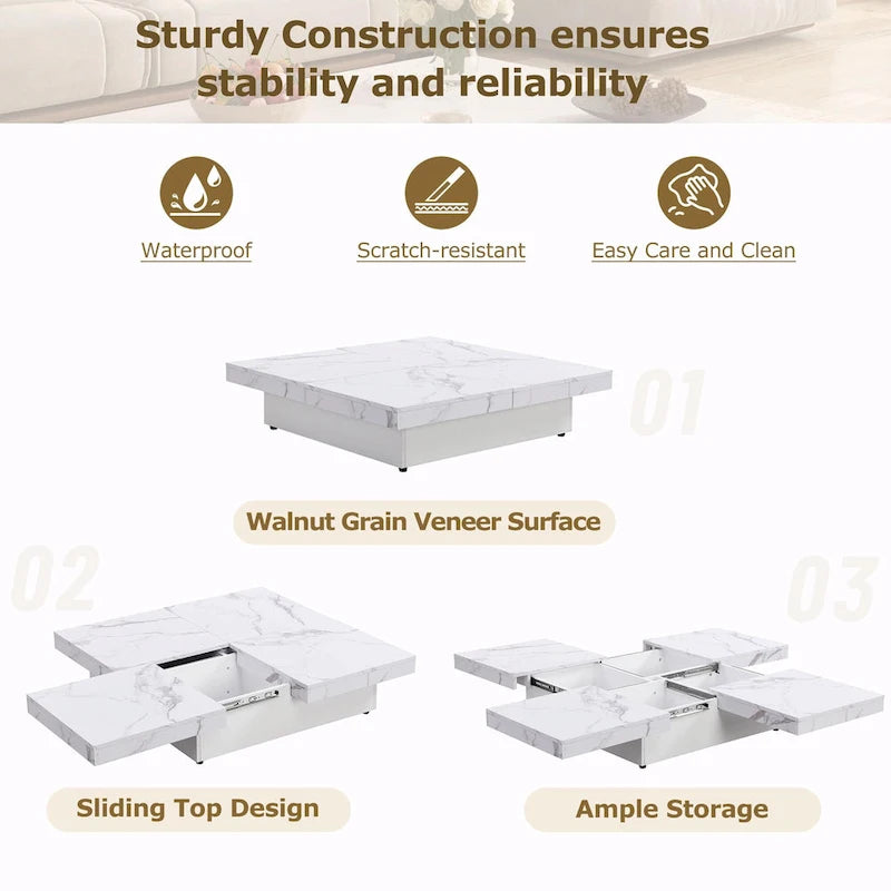 39.4 Square Marble Veneer Coffee Table with Sliding Top Storage
