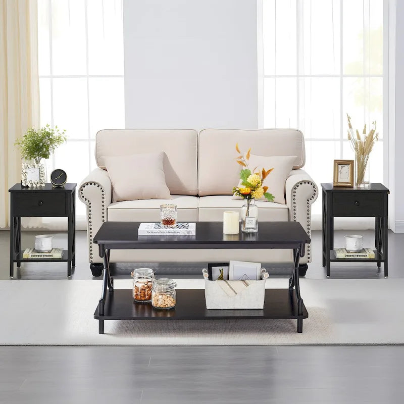 Ensemble moderne de 3 tables basses pour salon, incluant une table basse en bois et un ensemble de 2 tables d'appoint
