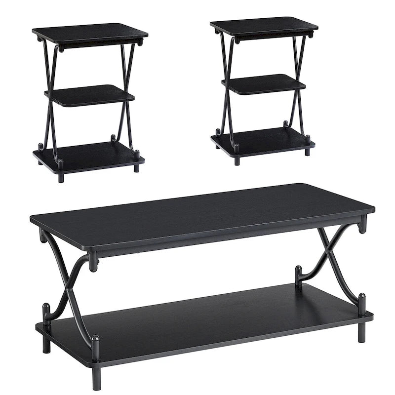 Ensemble moderne de 3 tables basses pour salon, incluant une table basse en bois et un ensemble de 2 tables d'appoint