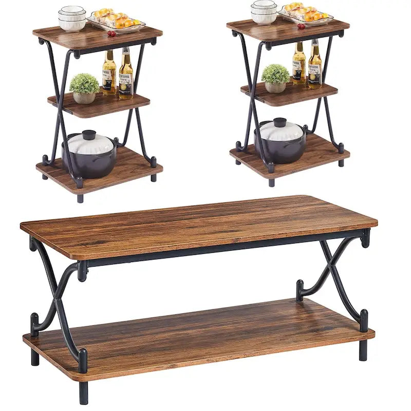 Ensemble moderne de 3 tables basses pour salon, incluant une table basse en bois et un ensemble de 2 tables d'appoint