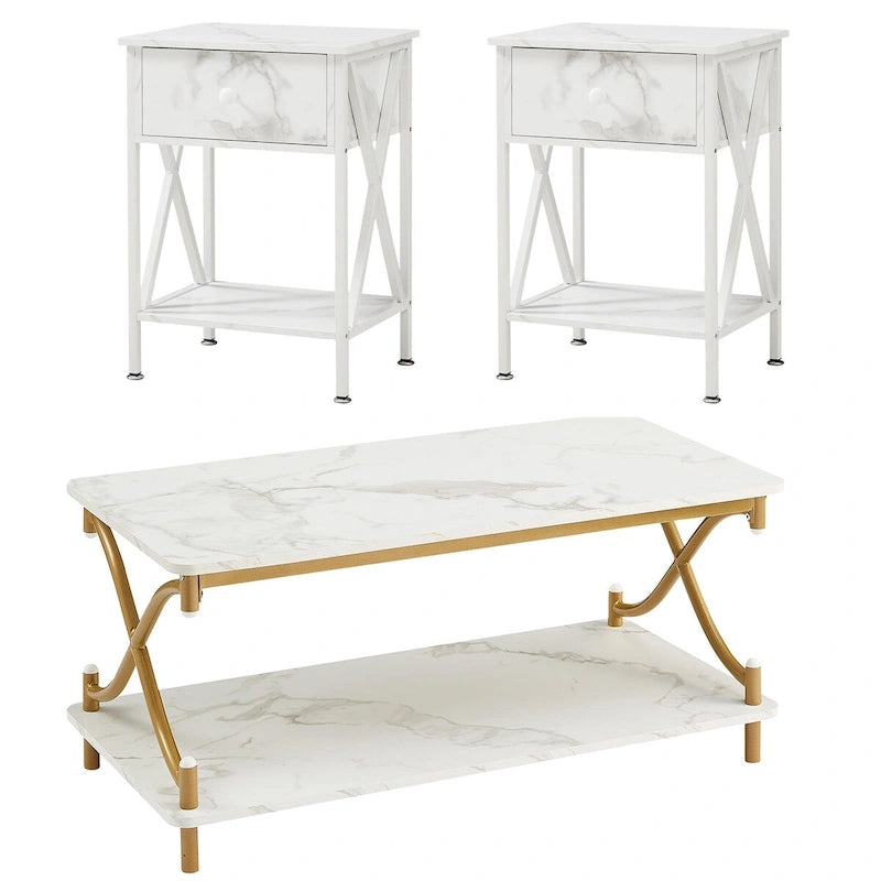 Ensemble moderne de 3 tables basses pour salon, incluant une table basse en bois et un ensemble de 2 tables d'appoint