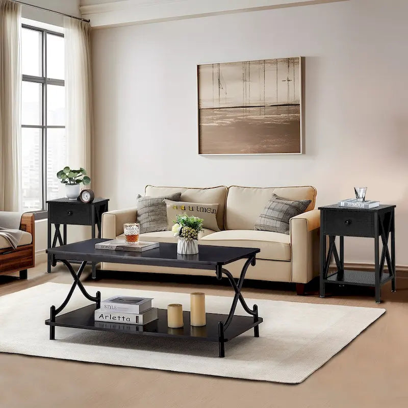 Ensemble moderne de 3 tables basses pour salon, incluant une table basse en bois et un ensemble de 2 tables d'appoint