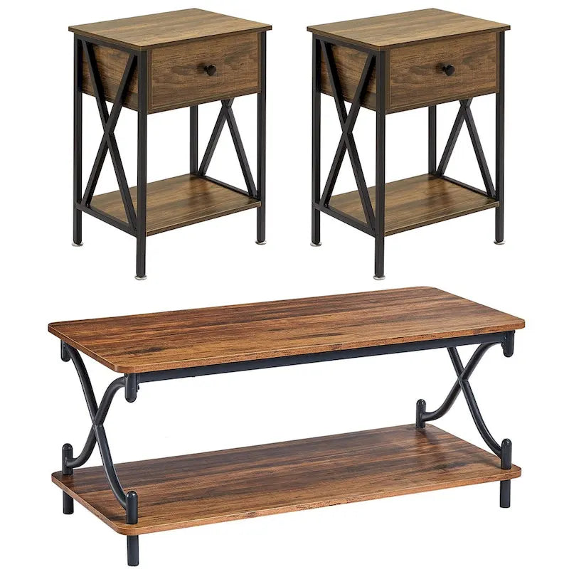 Ensemble moderne de 3 tables basses pour salon, incluant une table basse en bois et un ensemble de 2 tables d'appoint