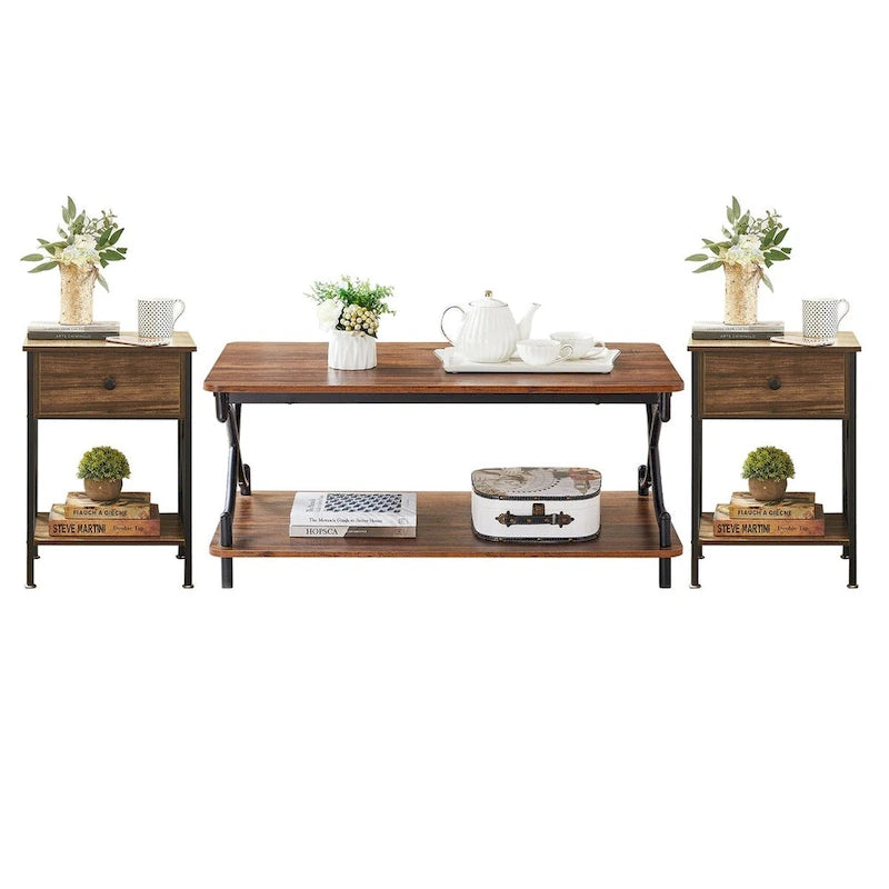 Ensemble moderne de 3 tables basses pour salon, incluant une table basse en bois et un ensemble de 2 tables d'appoint