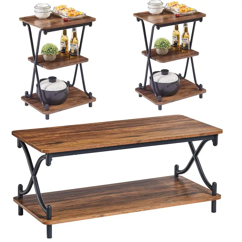 Ensemble moderne de 3 tables basses pour salon, incluant une table basse en bois et un ensemble de 2 tables d'appoint
