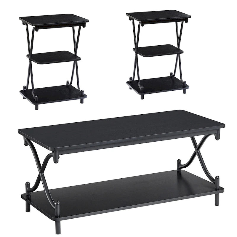 Ensemble moderne de 3 tables basses pour salon, incluant une table basse en bois et un ensemble de 2 tables d'appoint