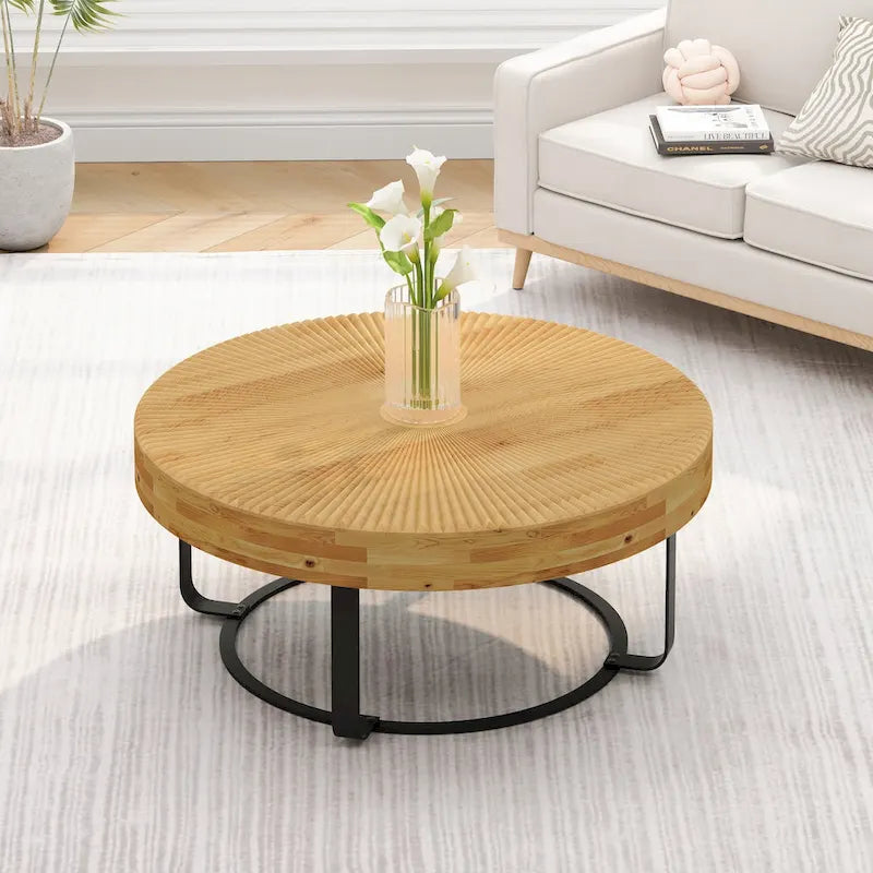 Table basse ronde moderne en bois sculpté avec pieds en métal