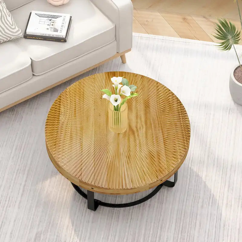 Table basse ronde moderne en bois sculpté avec pieds en métal