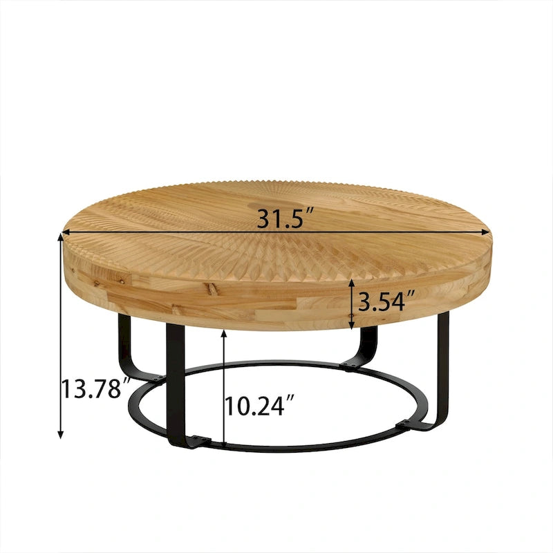 Table basse ronde moderne en bois sculpté avec pieds en métal