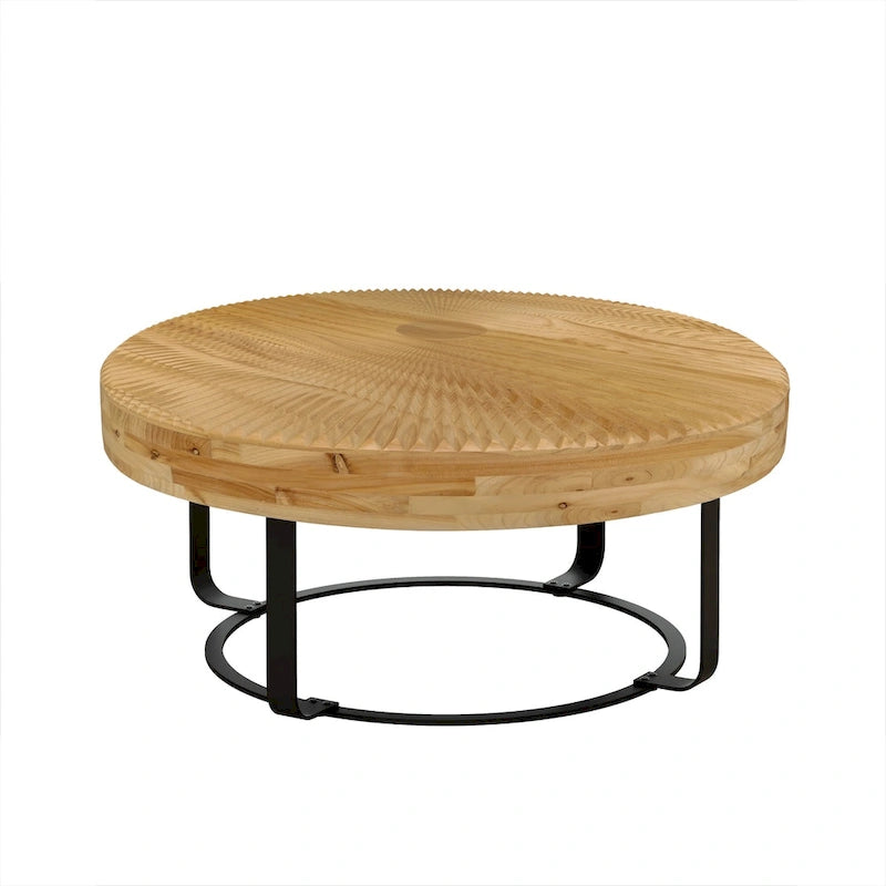 Table basse ronde moderne en bois sculpté avec pieds en métal