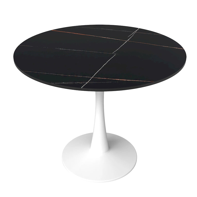Table à manger ronde pour 4 personnes, plateau en pierre frittée de 35" avec pied central en acier inoxydable blanc
