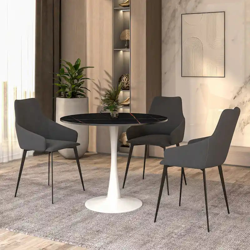 Table à manger ronde pour 4 personnes, plateau en pierre frittée de 35" avec pied central en acier inoxydable blanc
