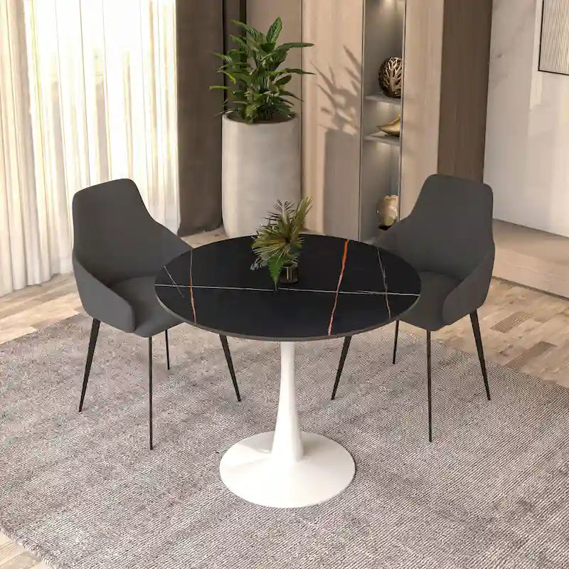 Table à manger ronde pour 4 personnes, plateau en pierre frittée de 35" avec pied central en acier inoxydable blanc