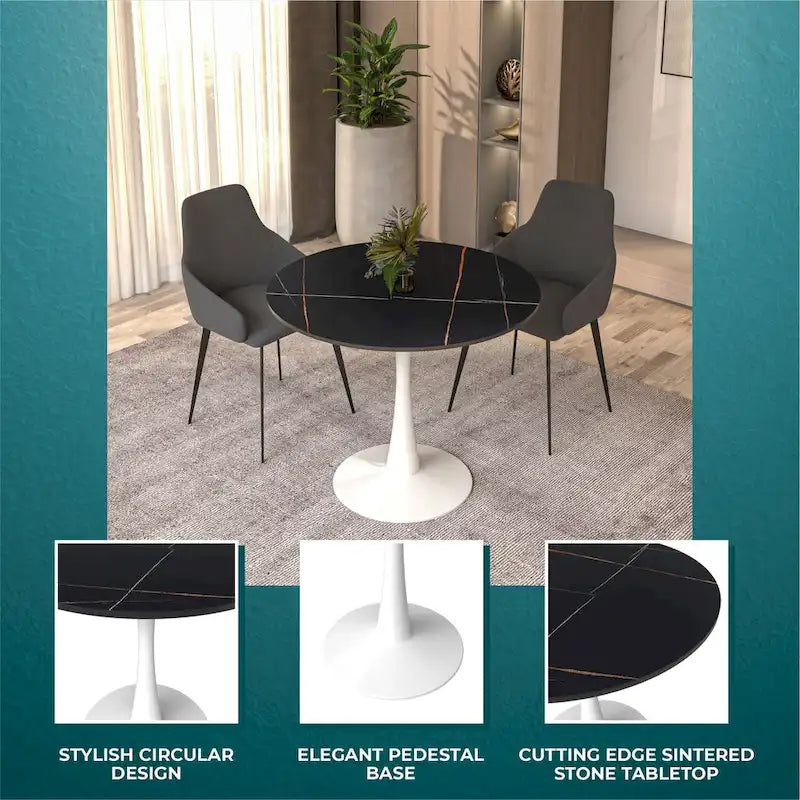 Table à manger ronde pour 4 personnes, plateau en pierre frittée de 35" avec pied central en acier inoxydable blanc