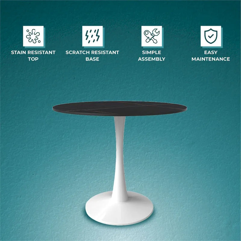 Table à manger ronde pour 4 personnes, plateau en pierre frittée de 35" avec pied central en acier inoxydable blanc