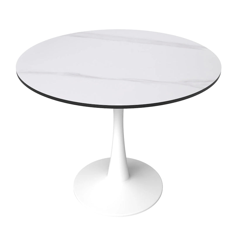 Table à manger ronde pour 4 personnes, plateau en pierre frittée de 35" avec pied central en acier inoxydable blanc