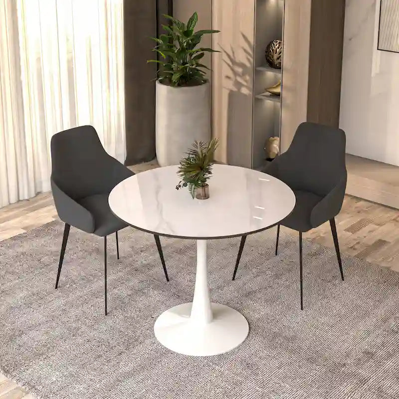 Table à manger ronde pour 4 personnes, plateau en pierre frittée de 35" avec pied central en acier inoxydable blanc