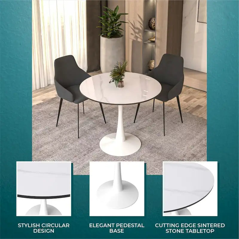 Table à manger ronde pour 4 personnes, plateau en pierre frittée de 35" avec pied central en acier inoxydable blanc