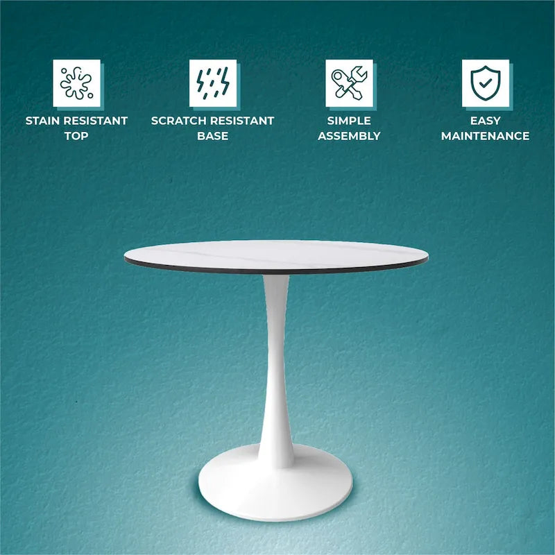 Table à manger ronde pour 4 personnes, plateau en pierre frittée de 35" avec pied central en acier inoxydable blanc