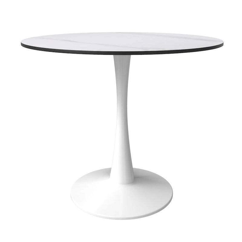 Table à manger ronde pour 4 personnes, plateau en pierre frittée de 35" avec pied central en acier inoxydable blanc