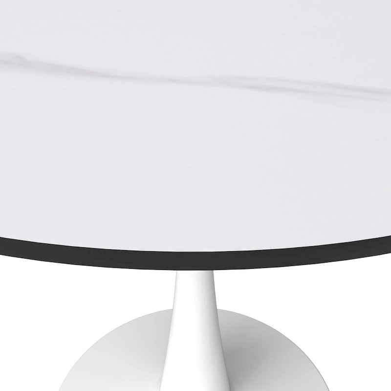 Table à manger ronde pour 4 personnes, plateau en pierre frittée de 35" avec pied central en acier inoxydable blanc