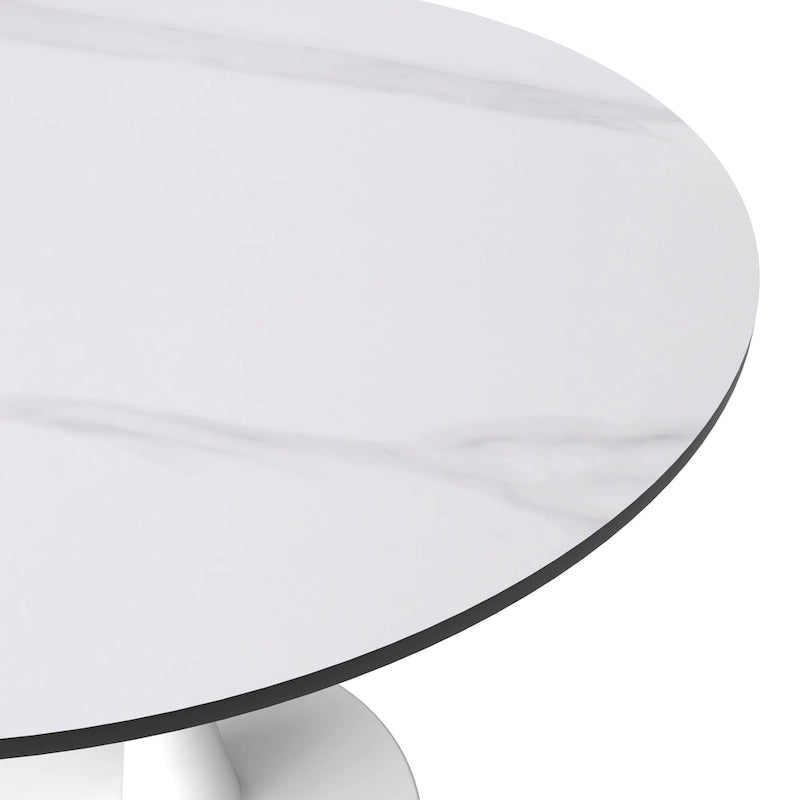 Table à manger ronde pour 4 personnes, plateau en pierre frittée de 35" avec pied central en acier inoxydable blanc