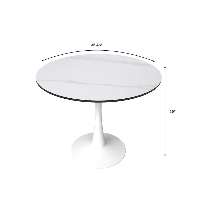 Table à manger ronde pour 4 personnes, plateau en pierre frittée de 35" avec pied central en acier inoxydable blanc