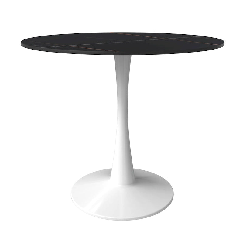 Table à manger ronde pour 4 personnes, plateau en pierre frittée de 35" avec pied central en acier inoxydable blanc