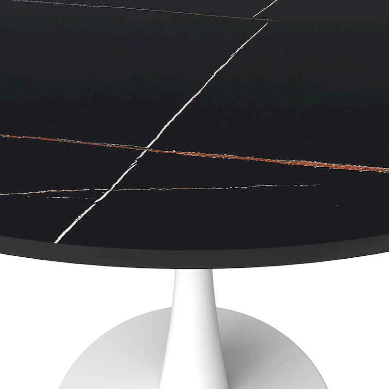 Table à manger ronde pour 4 personnes, plateau en pierre frittée de 35" avec pied central en acier inoxydable blanc