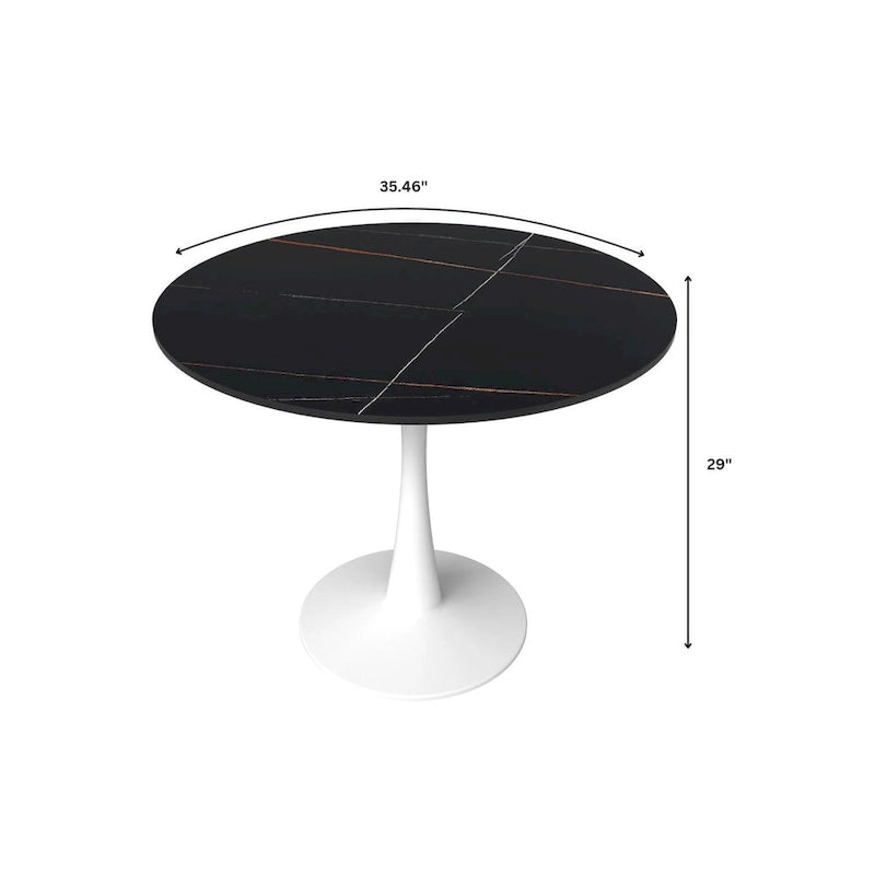 Table à manger ronde pour 4 personnes, plateau en pierre frittée de 35" avec pied central en acier inoxydable blanc