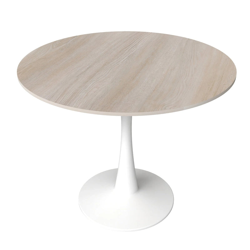Table à manger ronde pour 4 personnes, plateau en pierre frittée de 35" avec pied central en acier inoxydable blanc