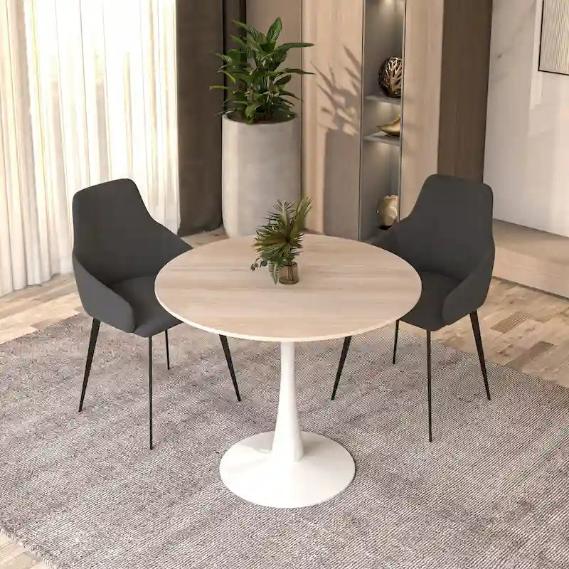 Table à manger ronde pour 4 personnes, plateau en pierre frittée de 35" avec pied central en acier inoxydable blanc