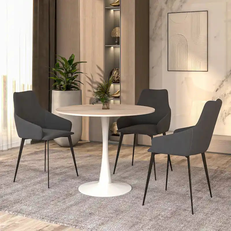 Table à manger ronde pour 4 personnes, plateau en pierre frittée de 35" avec pied central en acier inoxydable blanc