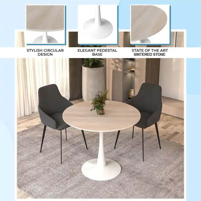 Table à manger ronde pour 4 personnes, plateau en pierre frittée de 35" avec pied central en acier inoxydable blanc
