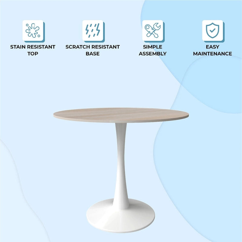 Table à manger ronde pour 4 personnes, plateau en pierre frittée de 35" avec pied central en acier inoxydable blanc