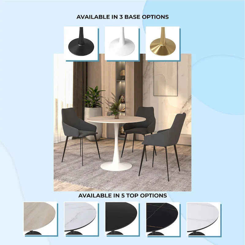 Table à manger ronde pour 4 personnes, plateau en pierre frittée de 35" avec pied central en acier inoxydable blanc