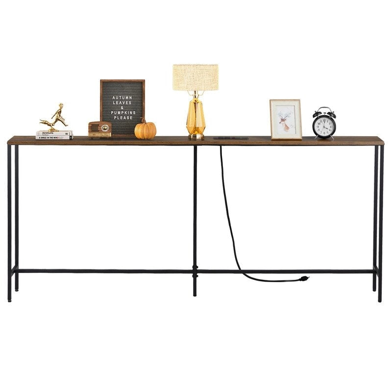 70.9 inch Console Table with 2 Power Outlets and USB Ports, Narrow Entryway Table Sofa Table for Living Room