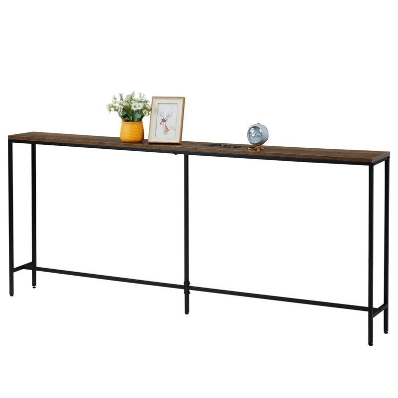 70.9 inch Console Table with 2 Power Outlets and USB Ports, Narrow Entryway Table Sofa Table for Living Room