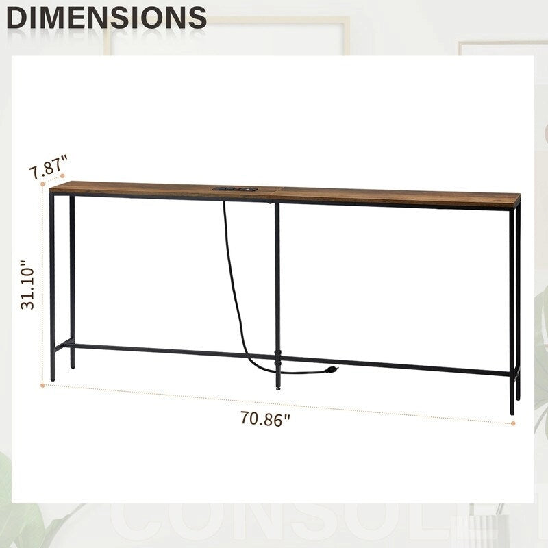 70.9 inch Console Table with 2 Power Outlets and USB Ports, Narrow Entryway Table Sofa Table for Living Room