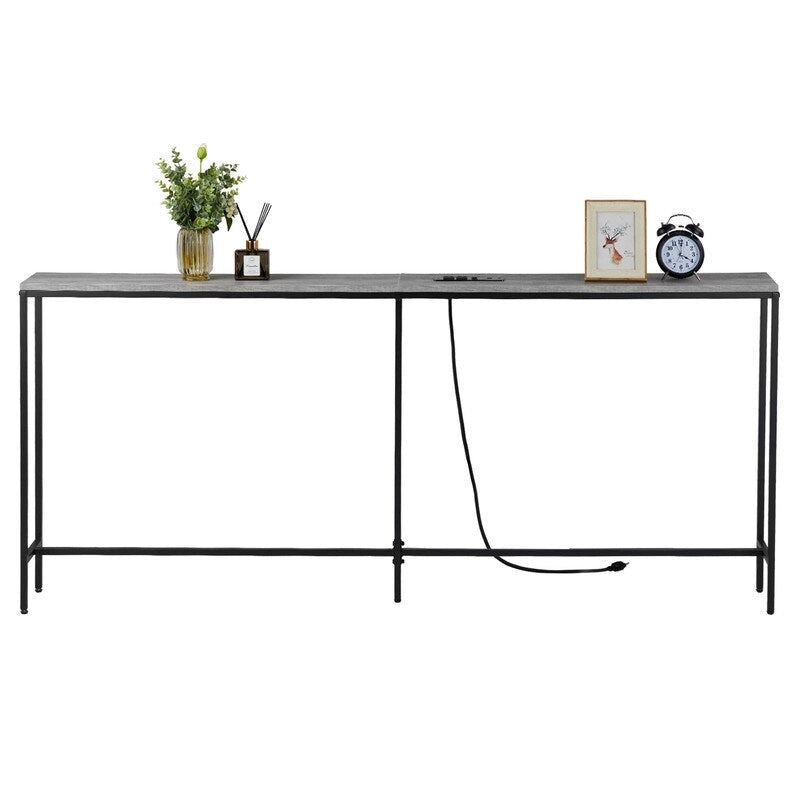 70.9 inch Console Table with 2 Power Outlets and USB Ports, Narrow Entryway Table Sofa Table for Living Room